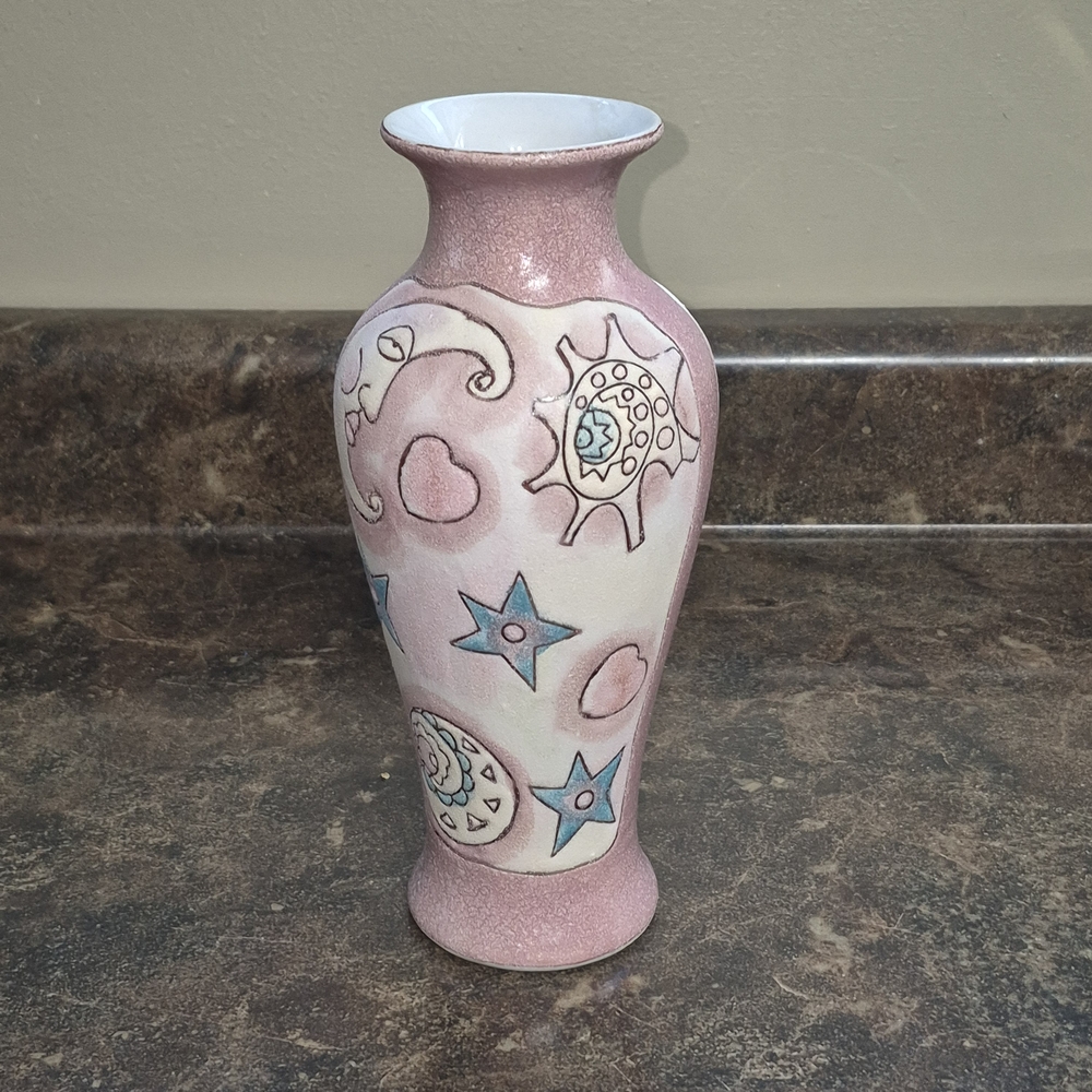 Whimsical Pink Ceramic Vase with Celestial Design